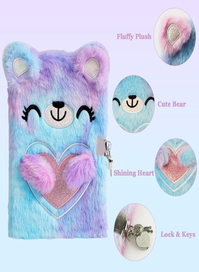 YankMooM Journal for Kids Diary with Lock for Girls, Fuzzy Secret Kids Journal Tie-Dye Notebook Gift for for Writing and Drawing, Hardcover Fluffy Bear Secret Diary with Stickers for Kids - Image 4